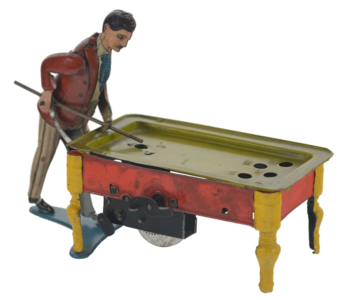 TIN LITHO AND HAND PAINTED BILLIARD PLAYER.