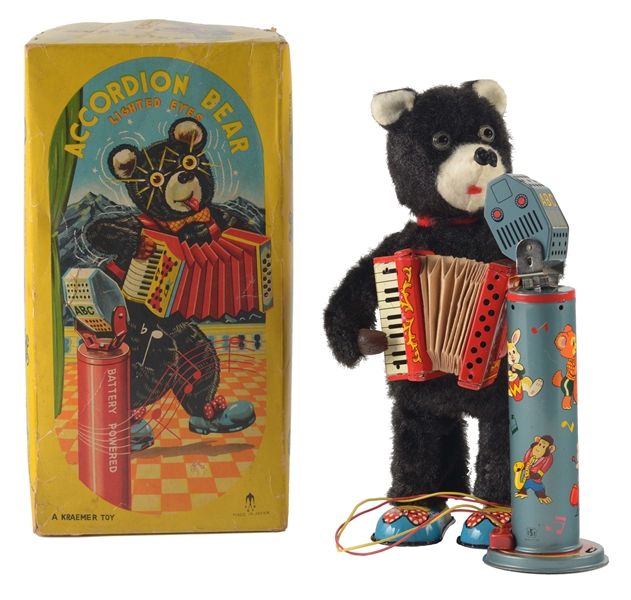 TIN LITHO AND FUR COVERED BATTERY OPERATED ACCORDION BEAR.