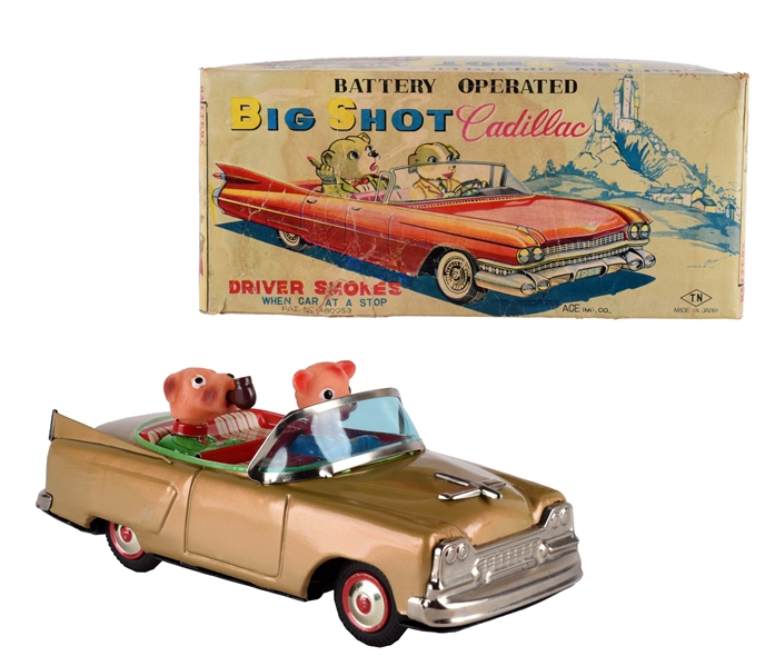 TIN LITHO AND PAINTED BATTERY OPERATED BIG SHOT CADILLAC.
