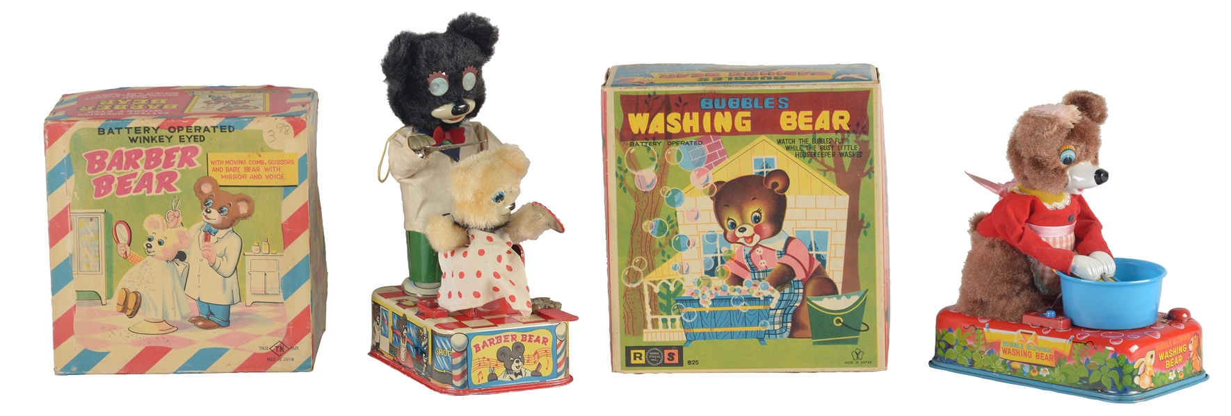 LOT OF 2: TIN LITHO AND FUR COVERED BATTERY OPERATED BEAR TOYS.