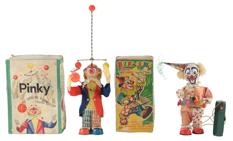 LOT OF 2: TIN LITHO CLOWN BATTERY OPERATED TOYS.
