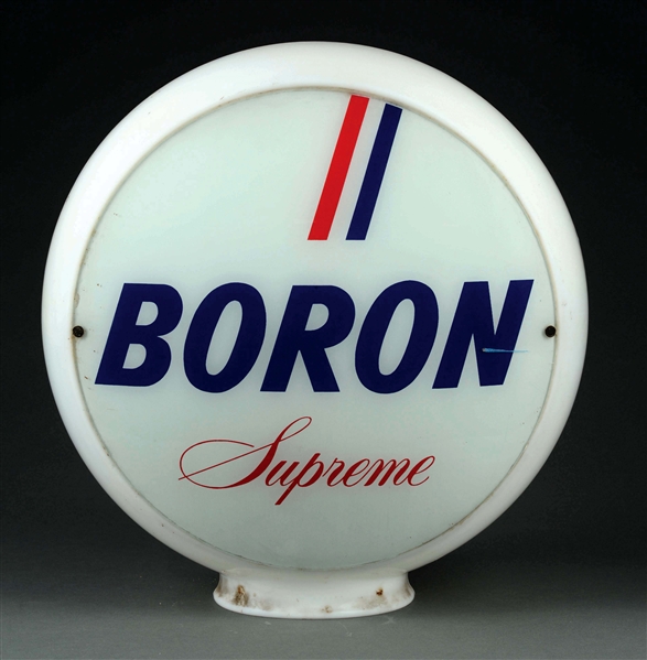 BORON SUPREME GASOLINE 13-1/2" COMPLETE GLOBE ON WIDE MILK GLASS BODY.