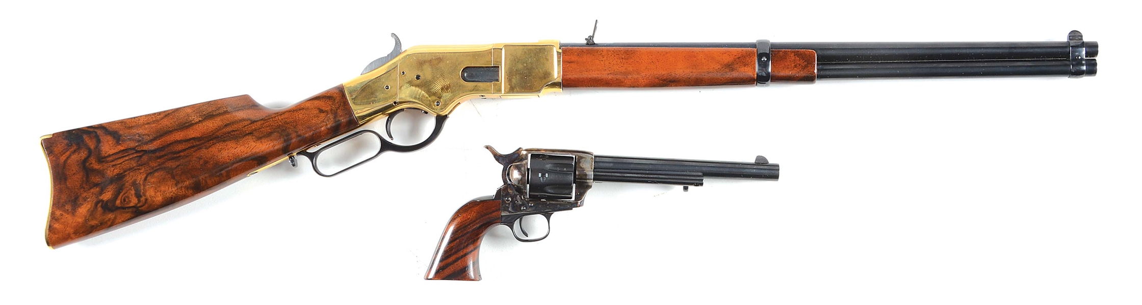CASED PAIR OF MINIATURE UBERT LEVER ACTION RIFLE AND SINGLE ACTION REVOLVER.