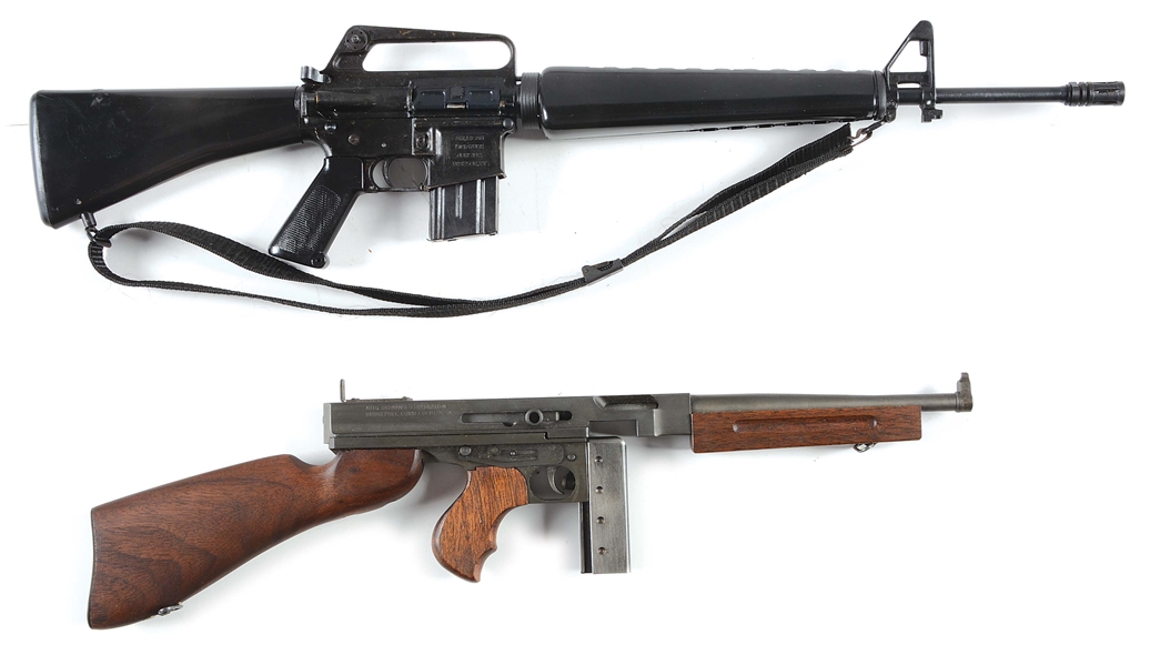 LOT OF 2: AMERICAN MINIATURE ARMS MINIATURE M16 AND CASED MINIATURE AUTO-ORDNANCE THOMPSON SUBMACHINE GUN.