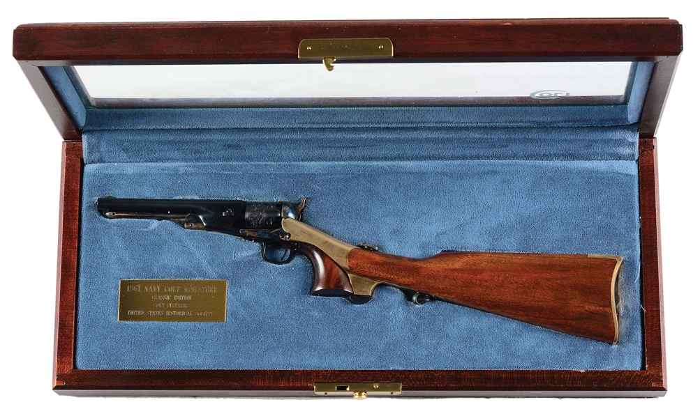 CASED UNITED STATES HISTORICAL SOCIETY COLT 1861 NAVY MINIATURE REVOLVER WITH MATCHING STOCK.