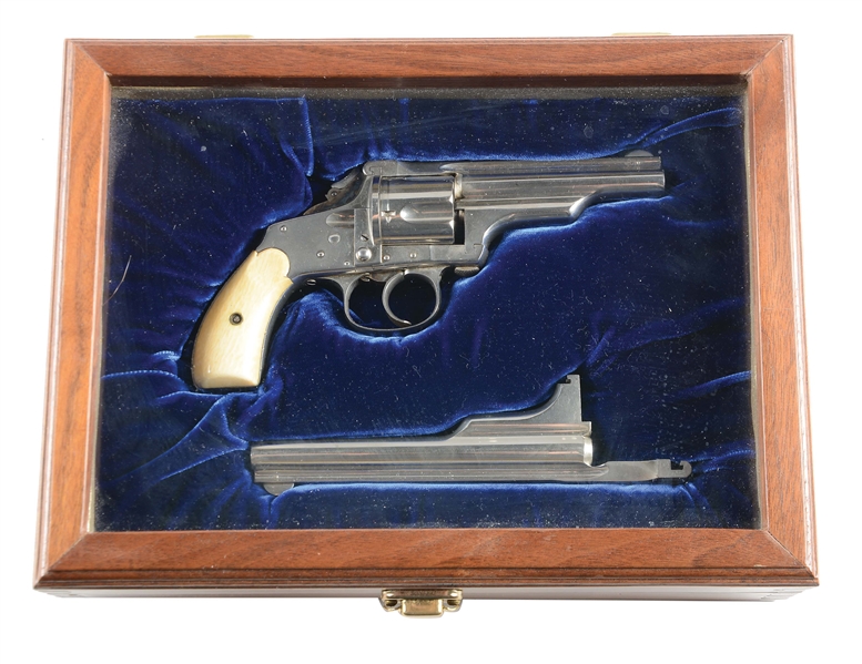 (A) CASED MERWIN HULBERT .38 FACTORY NICKEL DOUBLE ACTION REVOLVER WITH EXTRA BARREL.