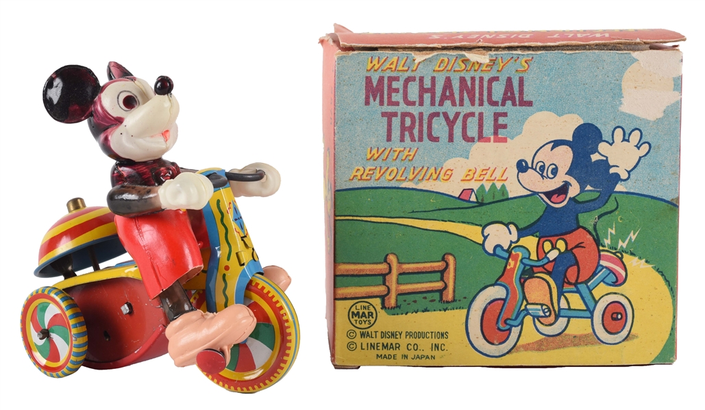 JAPANESE LINEMAR WALT DISNEY WIND UP MICKEY MOUSE TRICYCLE WITH BOX. 