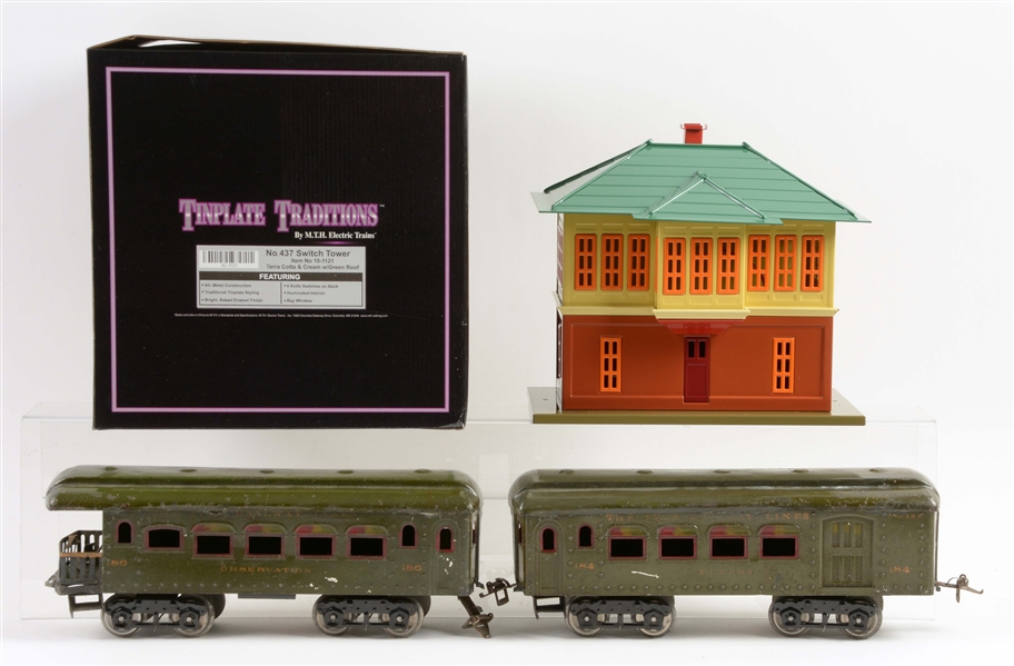 LOT OF 3: M.T. H. TINPLATE TRADITIONS NO. 437 SWITCH TOWER & IVES PASSENGER CARS.