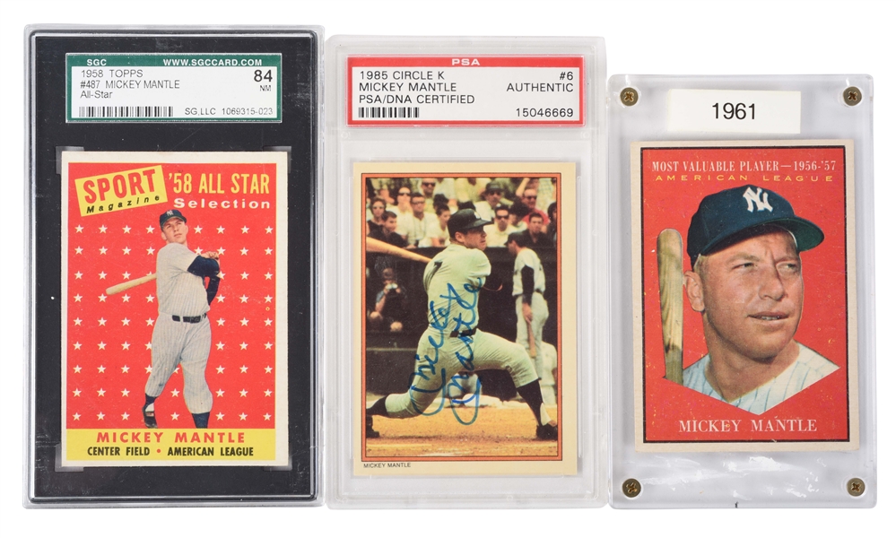 LOT OF 3: MICKEY MANTLE BASEBALL CARDS IN CASES. 