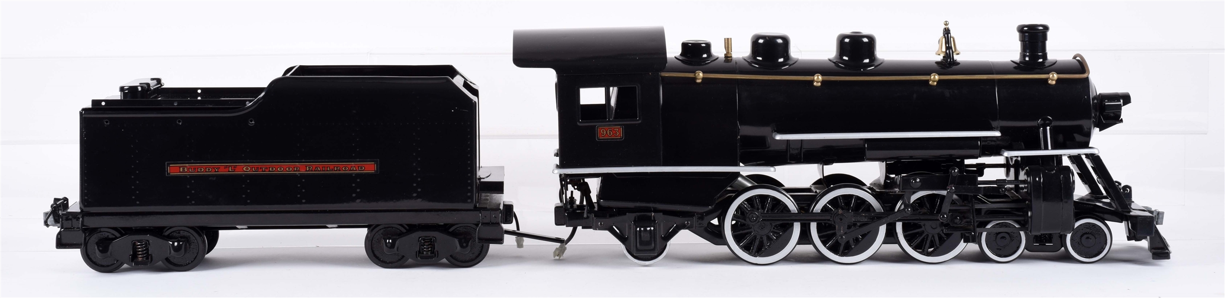 LOT OF 2: CONTEMPORARY PRESSED STEEL T REPRODUCTIONS OUTDOOR RAILWAY ENGINE & TENDER.