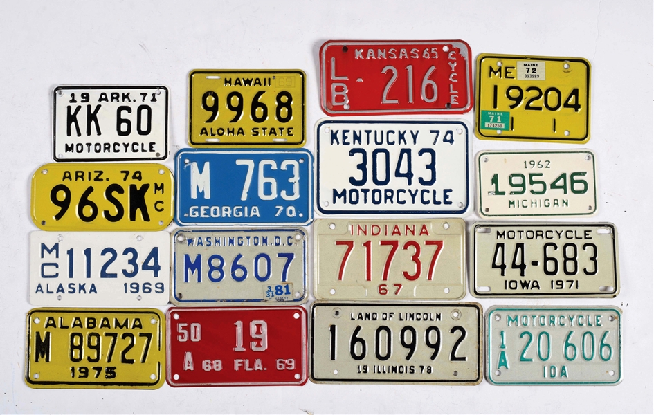 LOT OF 51: STATE RUN OF MOTORCYCLE LICENSE PLATES.