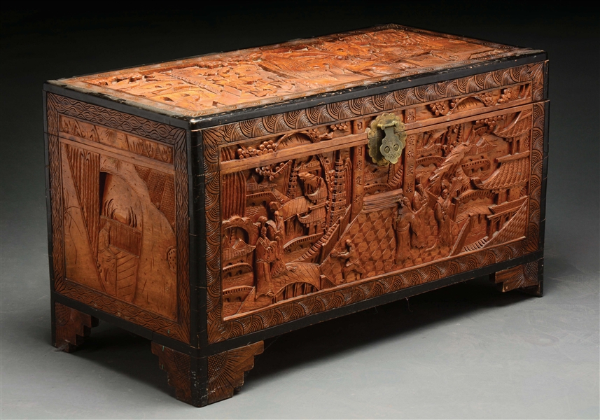 CHINESE CARVED CAMPHOR STORAGE CHEST.