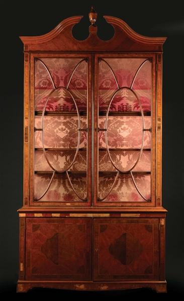 IMPRESSIVE REGENCY INLAID MAHOGANY CHINA CABINET ON CHEST IN THE STYLE OF GEORGE III.