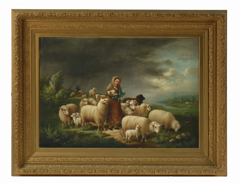SUSAN C.W. WATERS (AMERICAN, 1823-1900) SHEPHERDESS WITH FLOCK AND LAMP.
