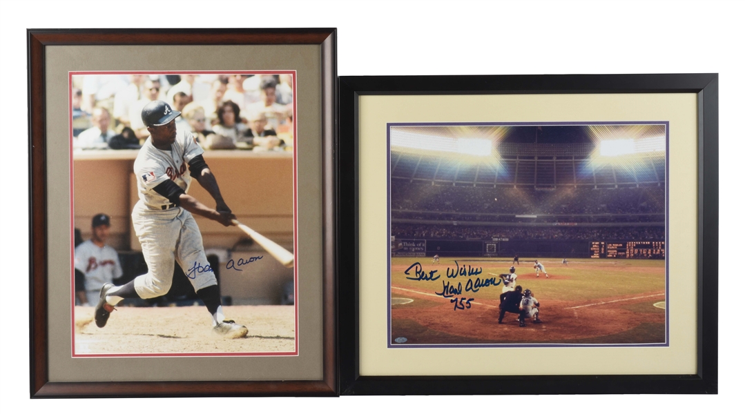 LOT OF 2: HANK AARON AUTOGRAPHED PHOTOGRAPHS.