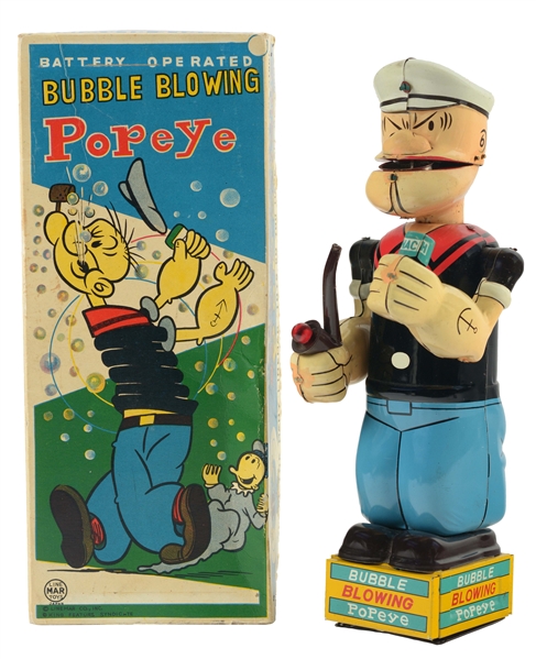 LINEMAR TIN LITHO BATTERY OPERATED BUBBLE BLOWING POPEYE TOY WITH BOX.