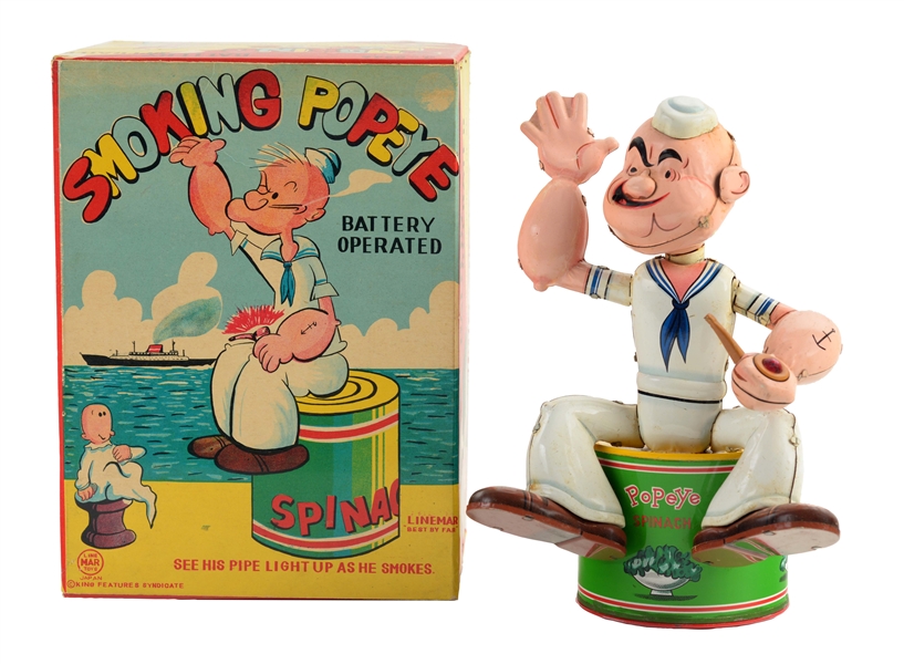 LINEMAR TIN LITHO BATTERY OPERATED SMOKING POPEYE TOY WITH BOX.