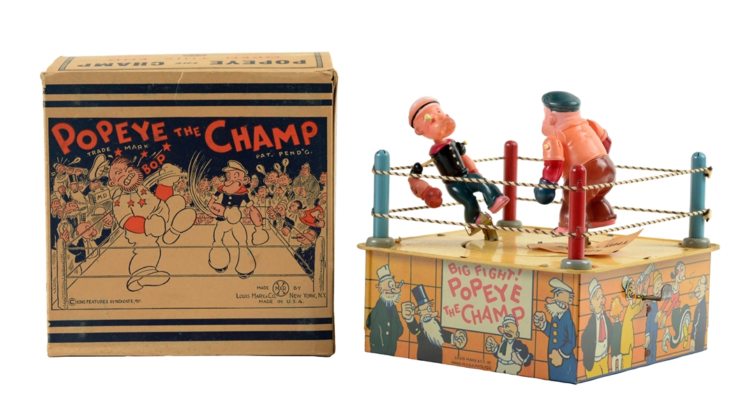 MARX TIN LITHO AND CELLULOID WIND UP POPEYE THE CHAMP BOXING TOY WITH BOX.