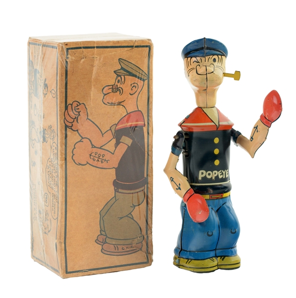 CHEIN TIN LITHO WIND UP POPEYE SHADOW BOXER WITH BOX.