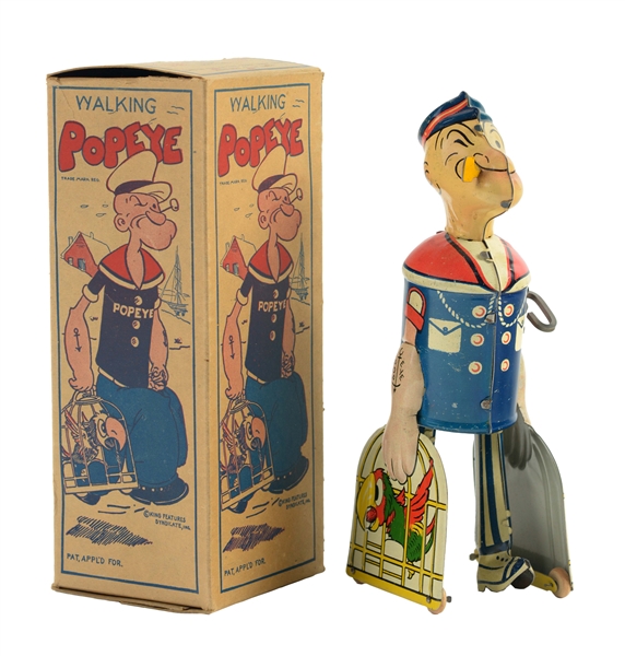 MARX TIN LITHO WIND UP WALKING POPEYE CARRYING PARROT CAGES WITH BOX.