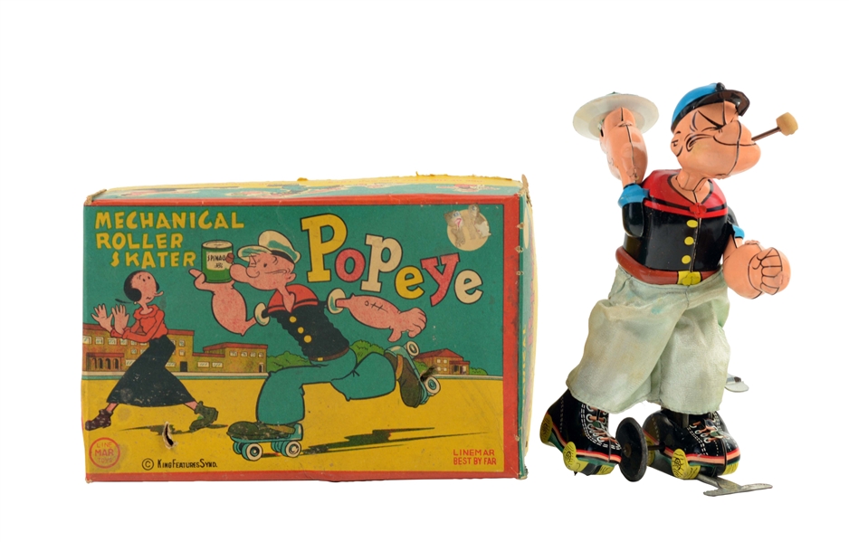 LINEMAR TIN LITHO WIND UP POPEYE ROLLER SKATER TOY WITH BOX.