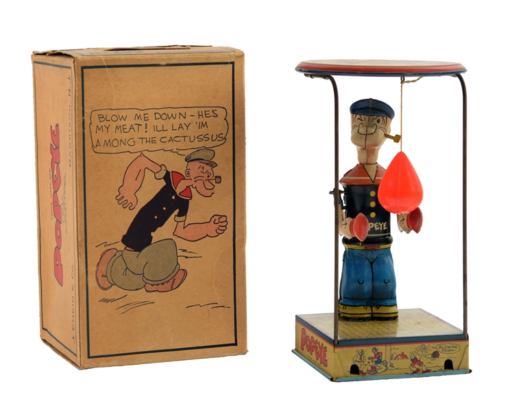 CHEIN TIN LITHO WIND UP POPEYE OVERHEAD BAG PUNCHER TOY WITH BOX.