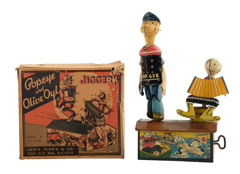 MARX TIN LITHO WIND UP POPEYE & OLIVE OYL ROOF DANCING TOY WITH BOX.
