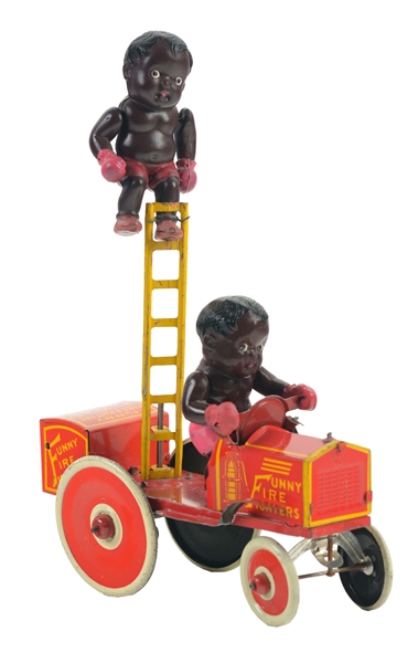 MARX TIN LITHO WIND UP FUNNY FIRE FIGHTERS TOY.