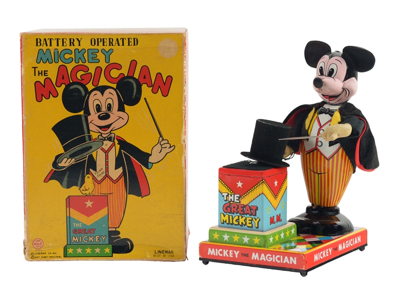 JAPANESE LINEMAR WALT DISNEY BATTERY OPERATED TIN LITHO MICKEY THE MAGICIAN TOY WITH BOX.
