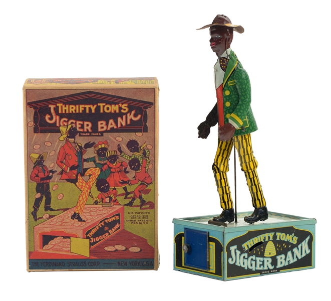 RARE STRAUSS TIN LITHO WIND UP THRIFTY TOMS BANK WITH BOX.