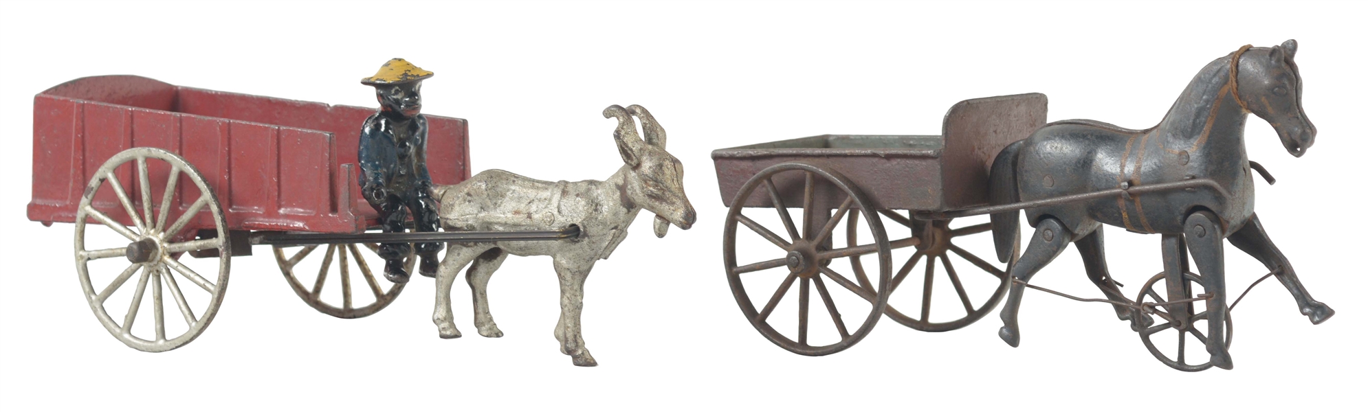 LOT OF 2: EARLY CAST IRON ANIMAL DRAWN CARTS. 