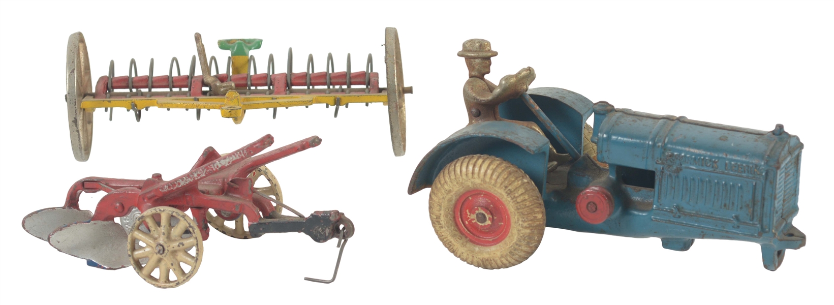 LOT OF 3: AMERICAN MADE CAST IRON TRACTOR & IMPLIMENTS. 