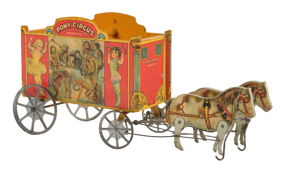 EARLY GIBBS PAPER ON WOOD HORSE DRAWN PONY CIRCUS WAGON. 