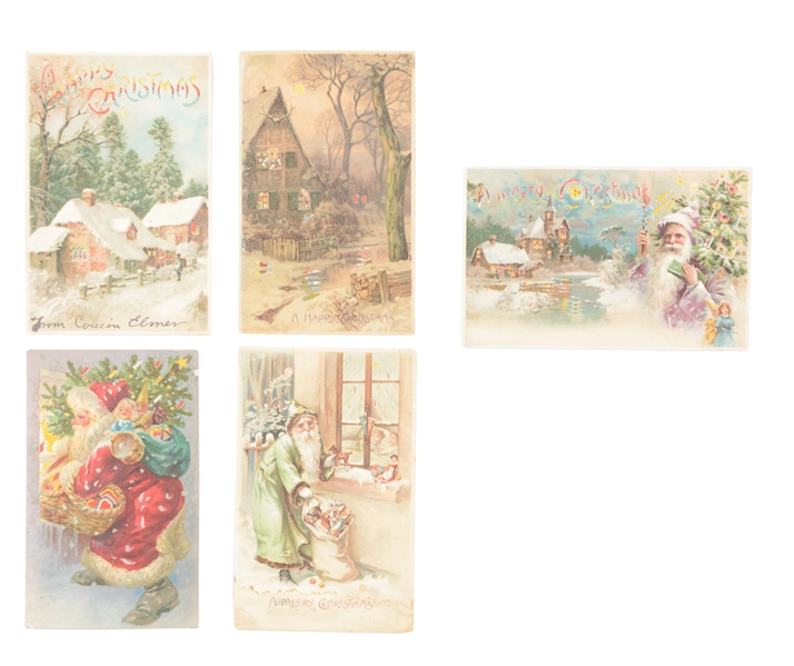 LOT OF 5: VINTAGE HOLD TO THE LIGHT CHRISTMAS POST CARD.