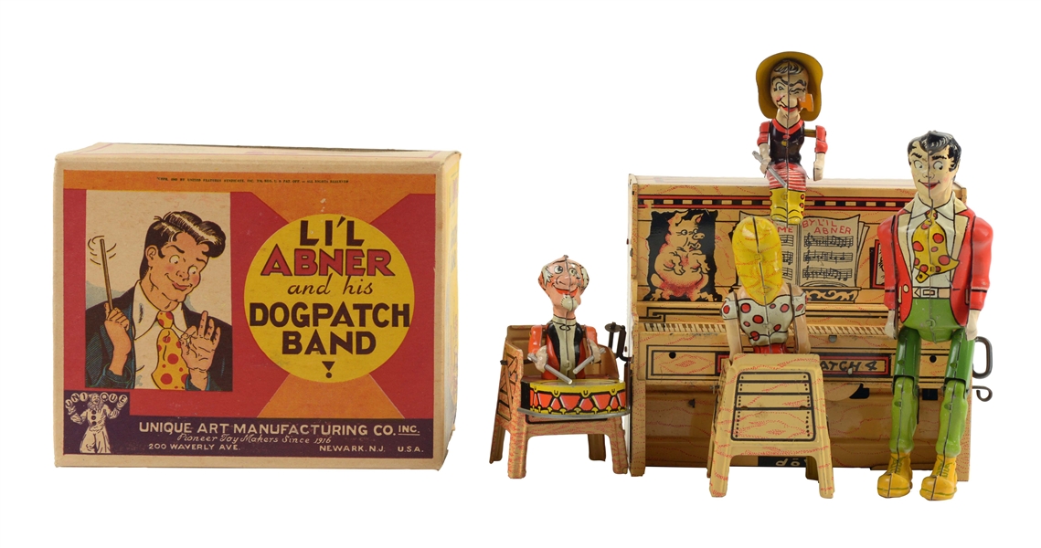 UNIQUE ART TIN LITHO WIND UP LIL ABNER AND HIS DOGPATCH BAND.