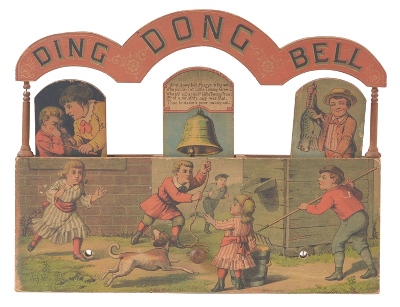 VERY EARLY PAPER ON WOOD DING DONG BELL GAME. 