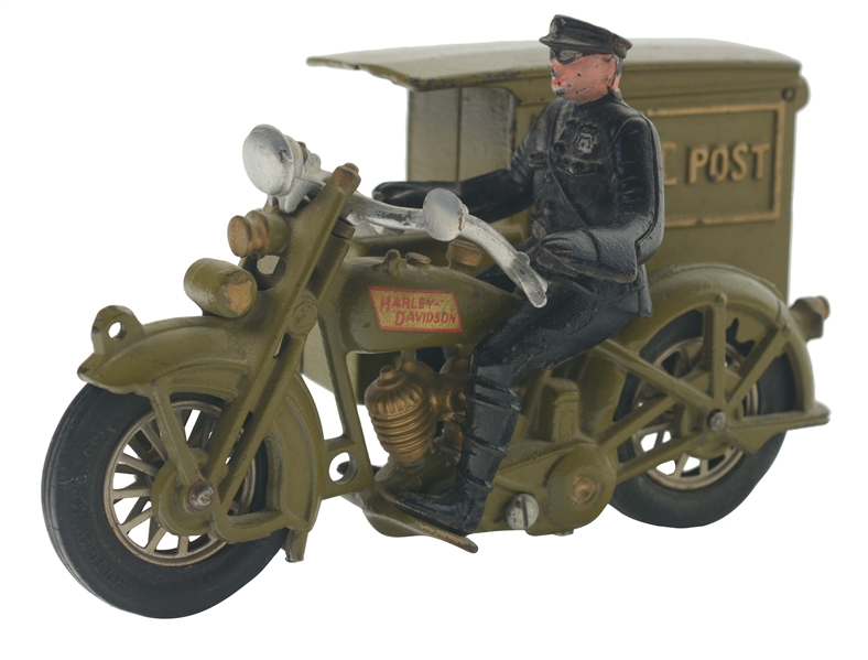 CAST IRON HUBLEY PARCEL POST HARLEY DAVIDSON MOTORCYCLE TOY. 