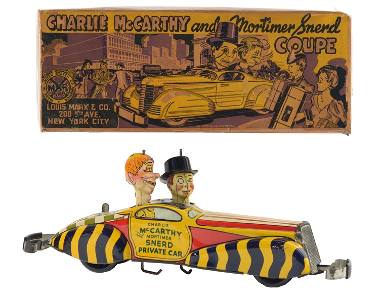 MARX TIN LITHO WIND UP CHARLIE MCCARTHY AND MORTIMER SNERD PRIVATE CAR WITH BOX .