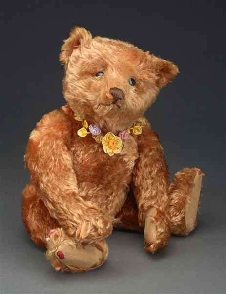 EARLY STEIFF APRICOT TEDDY BEAR WITH BUTTON.