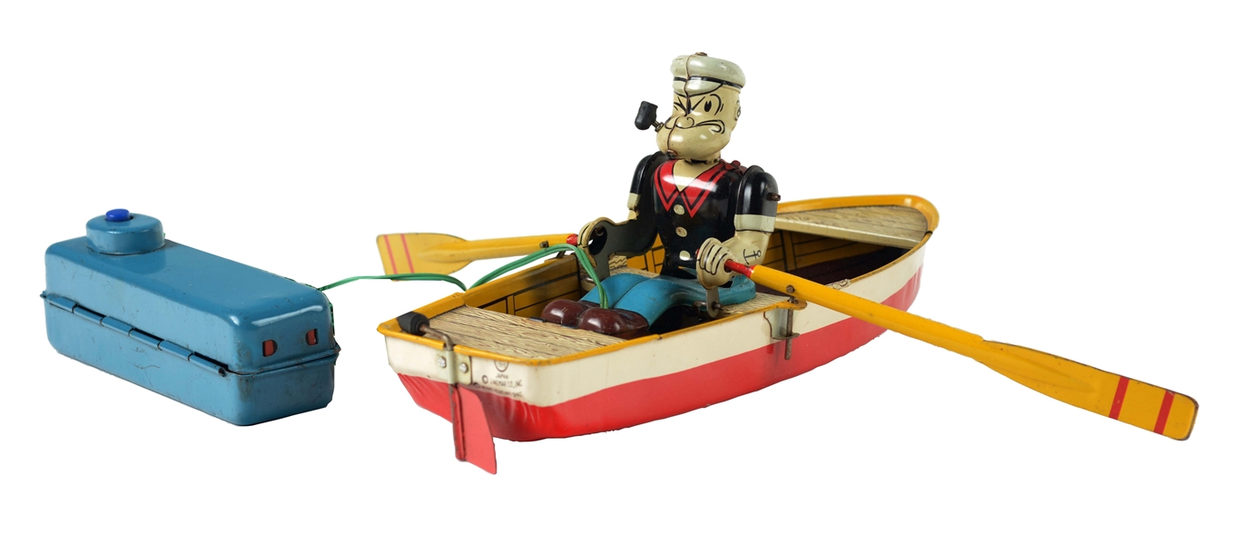 JAPANESE LINEMAR TIN LITHO BATTERY-OPERATED POPEYE IN ROWBOAT.