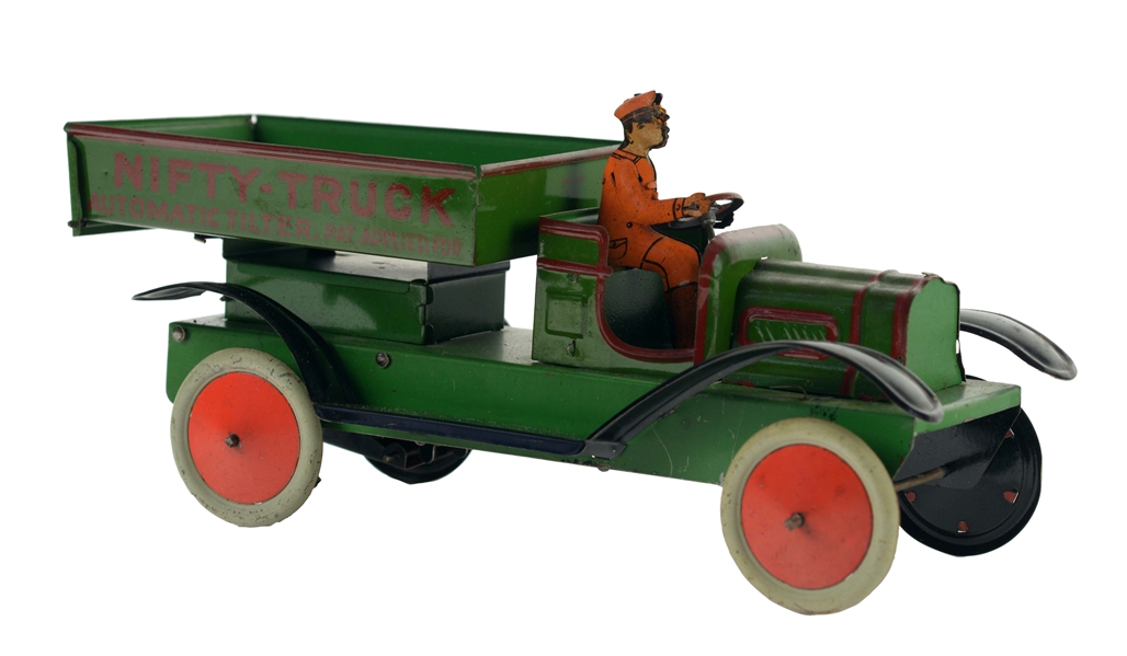 GERMAN NIFTY TIN LITHO WIND-UP DUMP TRUCK TOY.               