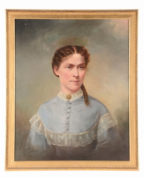 EDWARD L. CUSTER (AMERICAN, 1837 - 1881) PORTRAIT OF A LADY IN BLUE DRESS.