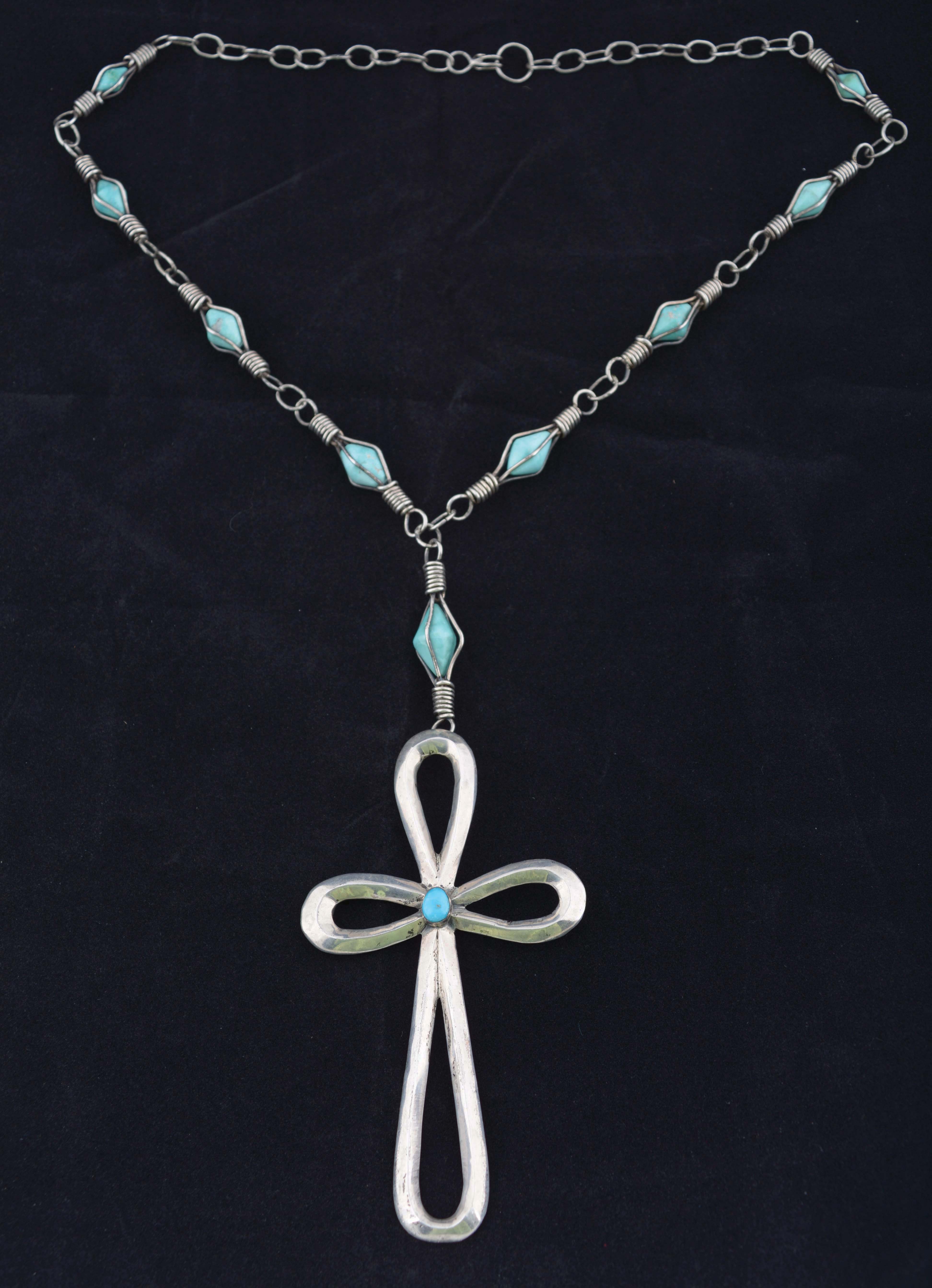 Silver And Turquoise Cross Necklace.