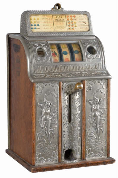 **5¢ CAILLE BROS. VICTORY BELL NUDE FRONT SLOT MACHINE. 
