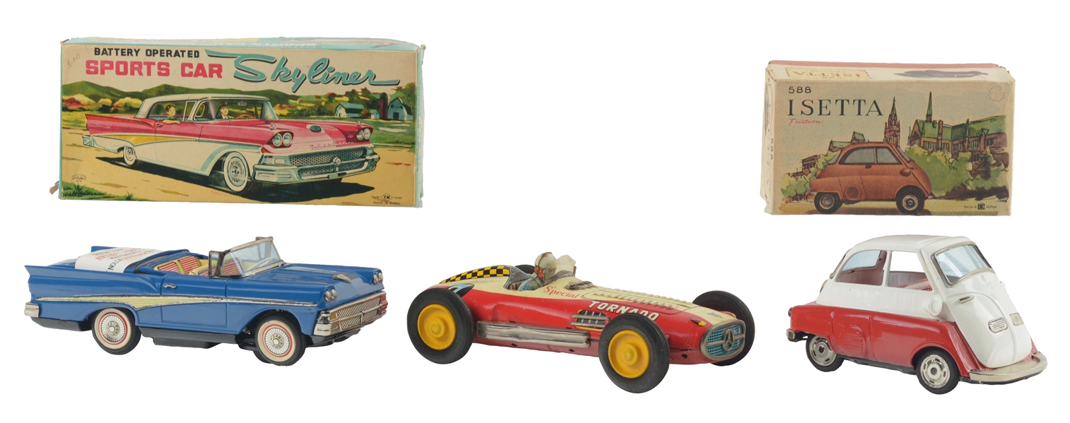 LOT OF 3: JAPANESE TIN LITHO BATTERY OPERATED AND FRICTION AUTOMOBILE TOYS. 