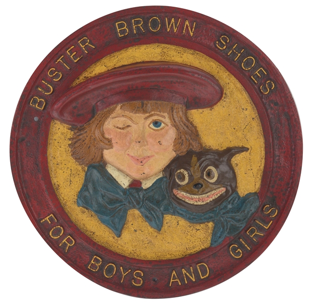 CAST IRON BUSTER BROWN SHOES ADVERTISING SIGN. 