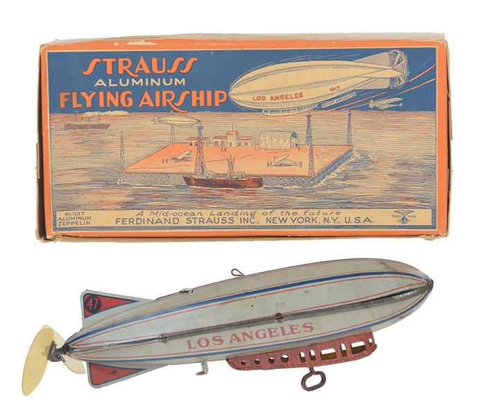 STRAUSS TIN LITHO WIND UP LOS ANGELES FLYING ZEPPELIN TOY IN BOX. 