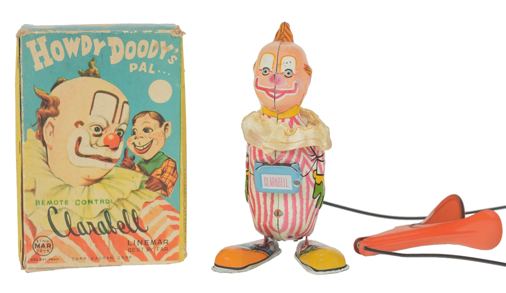 SCARCE TIN LITHO CLARABELL LINEMAR SQUEEZE TOY WITH BOX.