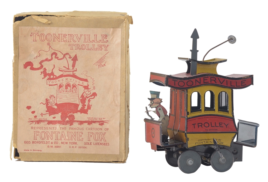 GERMAN NIFTY TIN LITHO WIND UP TOONERVILLE TROLLEY TOY WITH BOX. 