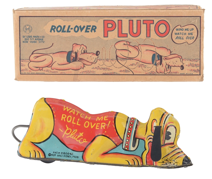 MARX WALT DISNEY TIN LITHO WIND UP ROLL OVER PLUTO TOY WITH BOX. 
